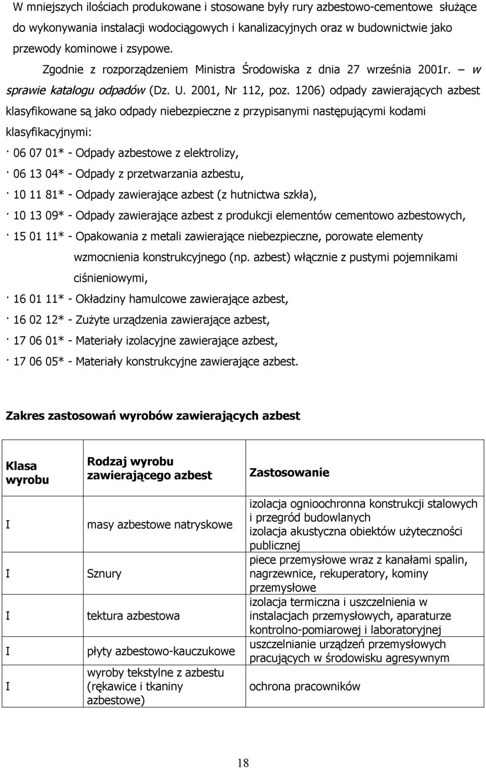 1206) odpady zawierających azbest klasyfikowane są jako odpady niebezpieczne z przypisanymi następującymi kodami klasyfikacyjnymi: 06 07 01* - Odpady azbestowe z elektrolizy, 06 13 04* - Odpady z