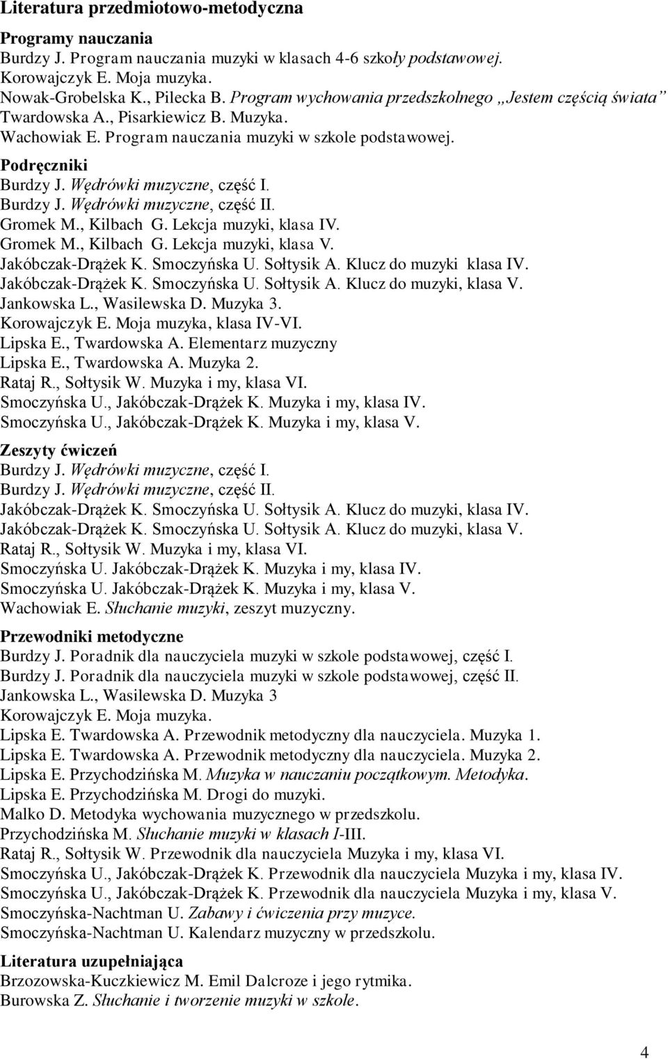 Wędrówki muzyczne, część I. Burdzy J. Wędrówki muzyczne, część II. Gromek M., Kilbach G. Lekcja muzyki, klasa IV. Gromek M., Kilbach G. Lekcja muzyki, klasa V. Jakóbczak-Drążek K. Smoczyńska U.