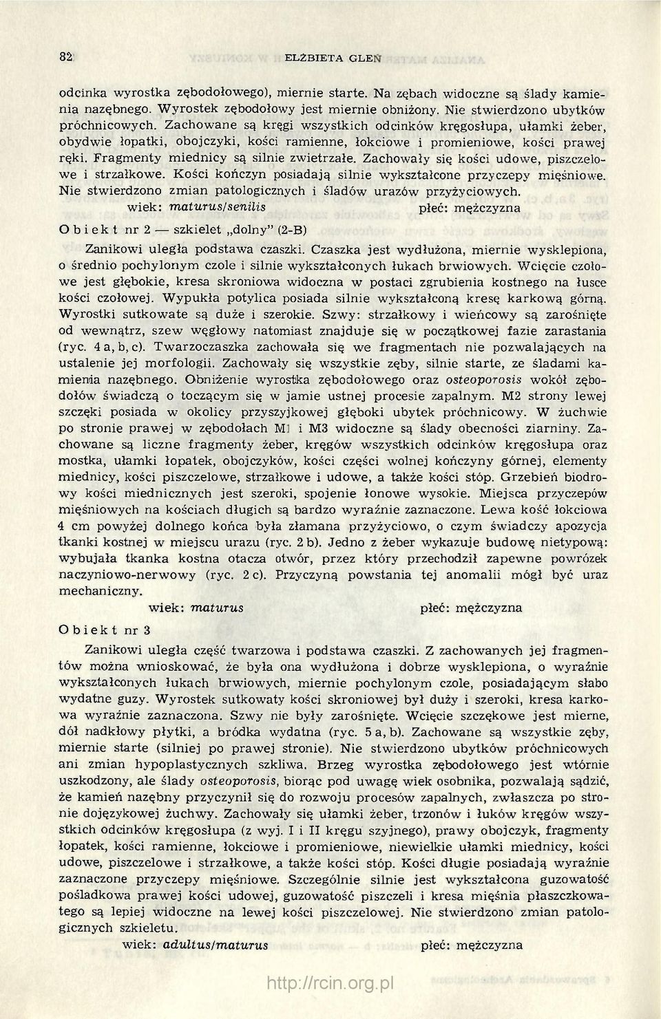 Zachowały się kości udowe, piszczelowe i strzałkowe. Kości kończyn posiadają silnie wykształcone przyczepy mięśniowe. Nie stwierdzono zmian patologicznych i śladów urazów przyżyciowych.