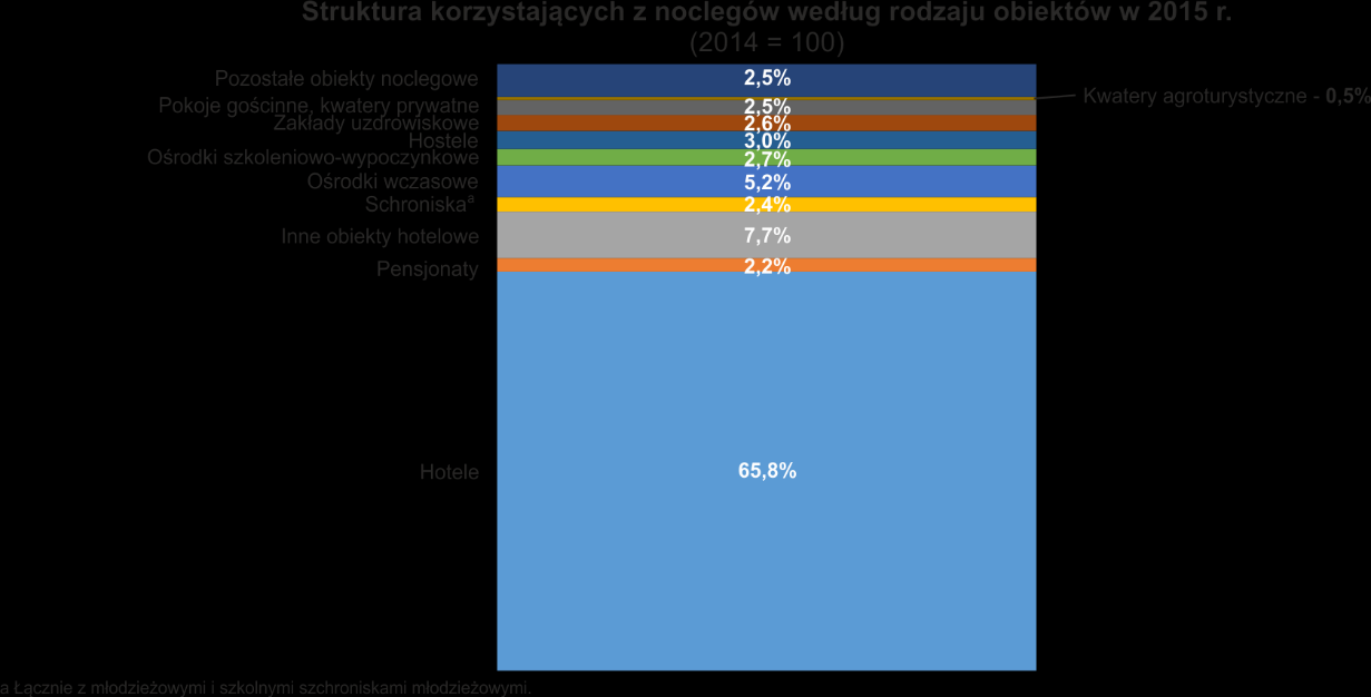 Turyści zagraniczni najczęściej zatrzymywali się w hotelach 85,1% ogółu. Najmniej turystów zagranicznych korzystało z obiektów typowo wakacyjnych, takich jak ośrodki kolonijne i pola biwakowe.