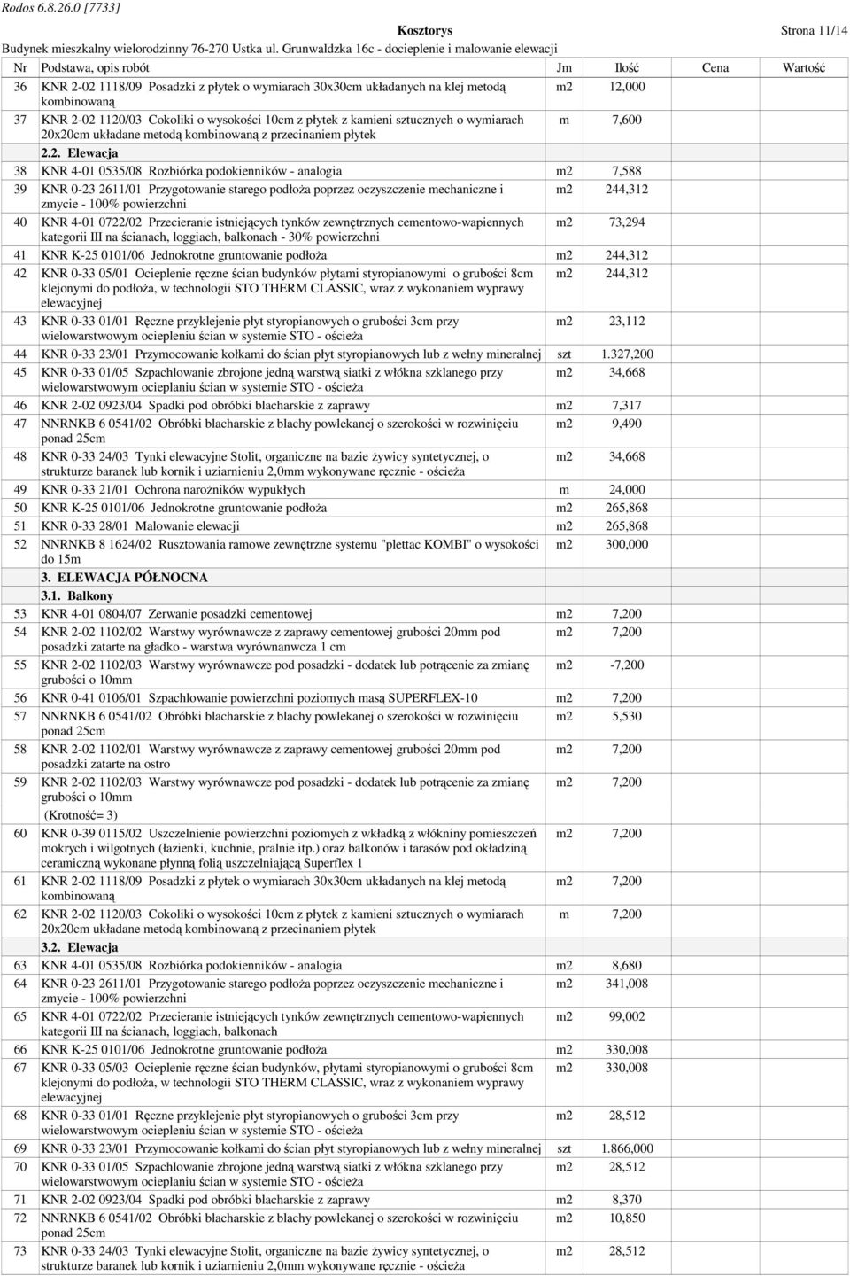 x20cm układane metodą kombinowaną z przecinaniem płytek 2.2. Elewacja 38 KNR 4-01 0535/08 Rozbiórka podokienników - analogia m2 7,588 39 KNR 0-23 2611/01 Przygotowanie starego podłoża poprzez