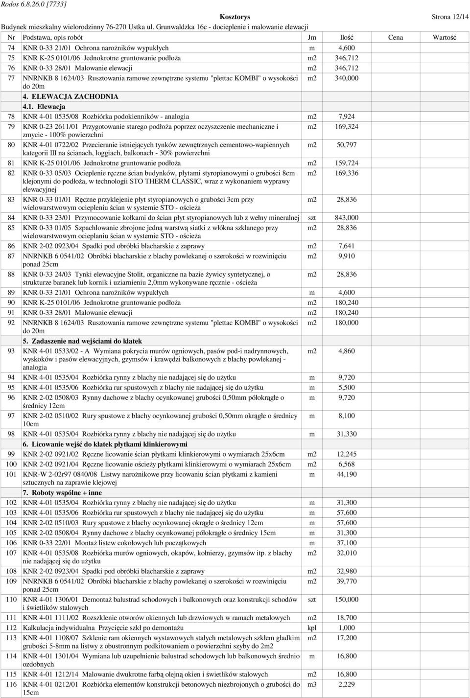 24/03 Rusztowania ramowe zewnętrzne systemu "plettac KOMBI" o wysokości m2 340,000 do 20m 4. ELEWACJA ZACHODNIA 4.1.