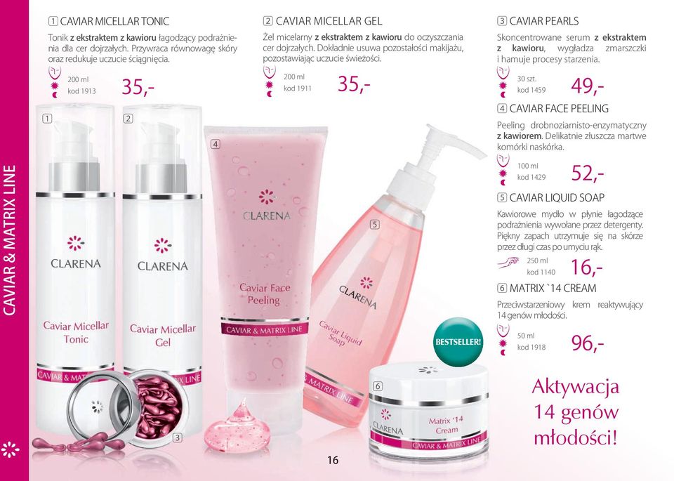 CAVIAR PEARLS Skoncentrowane serum z ekstraktem z kawioru, wygładza zmarszczki i hamuje procesy starzenia. 0 szt. kod 59 9,- CAVIAR FACE PEELING Peeling drobnoziarnisto-enzymatyczny z kawiorem.