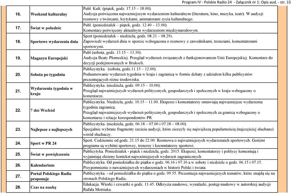 (piątek, godz. 17.15 18.00). Audycja poświęcona najważniejszym wydarzeniom kulturalnym (literatura, kino, muzyka, teatr). W audycji rozmowy z twórcami, krytykami, animatorami zycia kulturalnego. Publ.