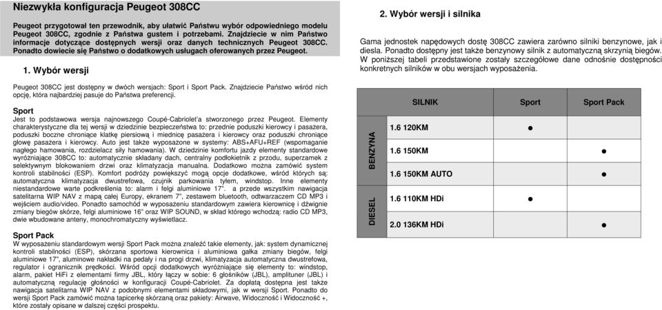 Wybór wersji 2. Wybór wersji i silnika Gama jednostek napędowych dostę 308CC zawiera zarówno silniki benzynowe, jak i diesla.