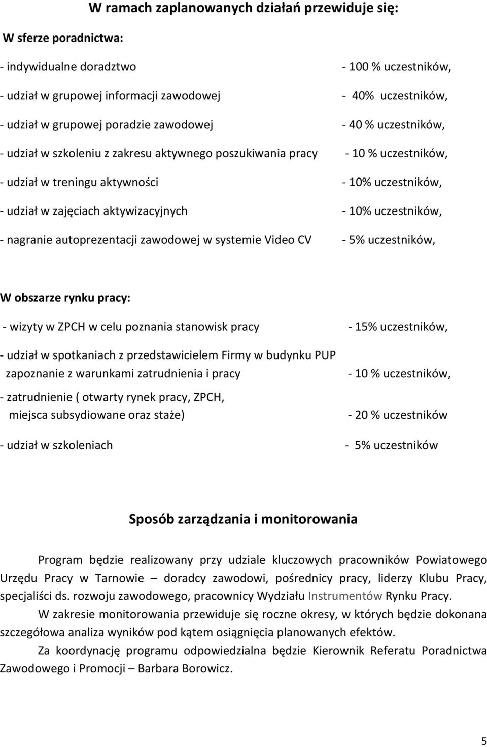 aktywizacyjnych - 10% uczestników, - nagranie autoprezentacji zawodowej w systemie Video CV - 5% uczestników, W obszarze rynku pracy: - wizyty w ZPCH w celu poznania stanowisk pracy - 15%