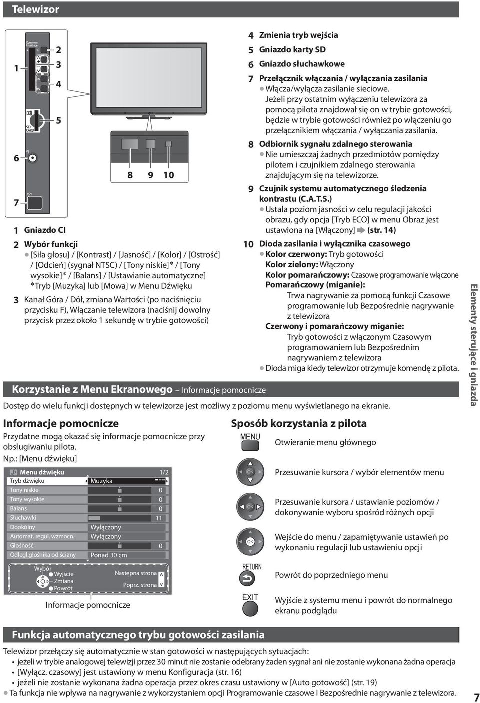 sekundę w trybie gotowości) Korzystanie z Menu Ekranowego Informacje pomocnicze 4Zmienia tryb wejścia 5 Gniazdo karty SD 6 Gniazdo słuchawkowe 7 Przełącznik włączania / wyłączania zasilania