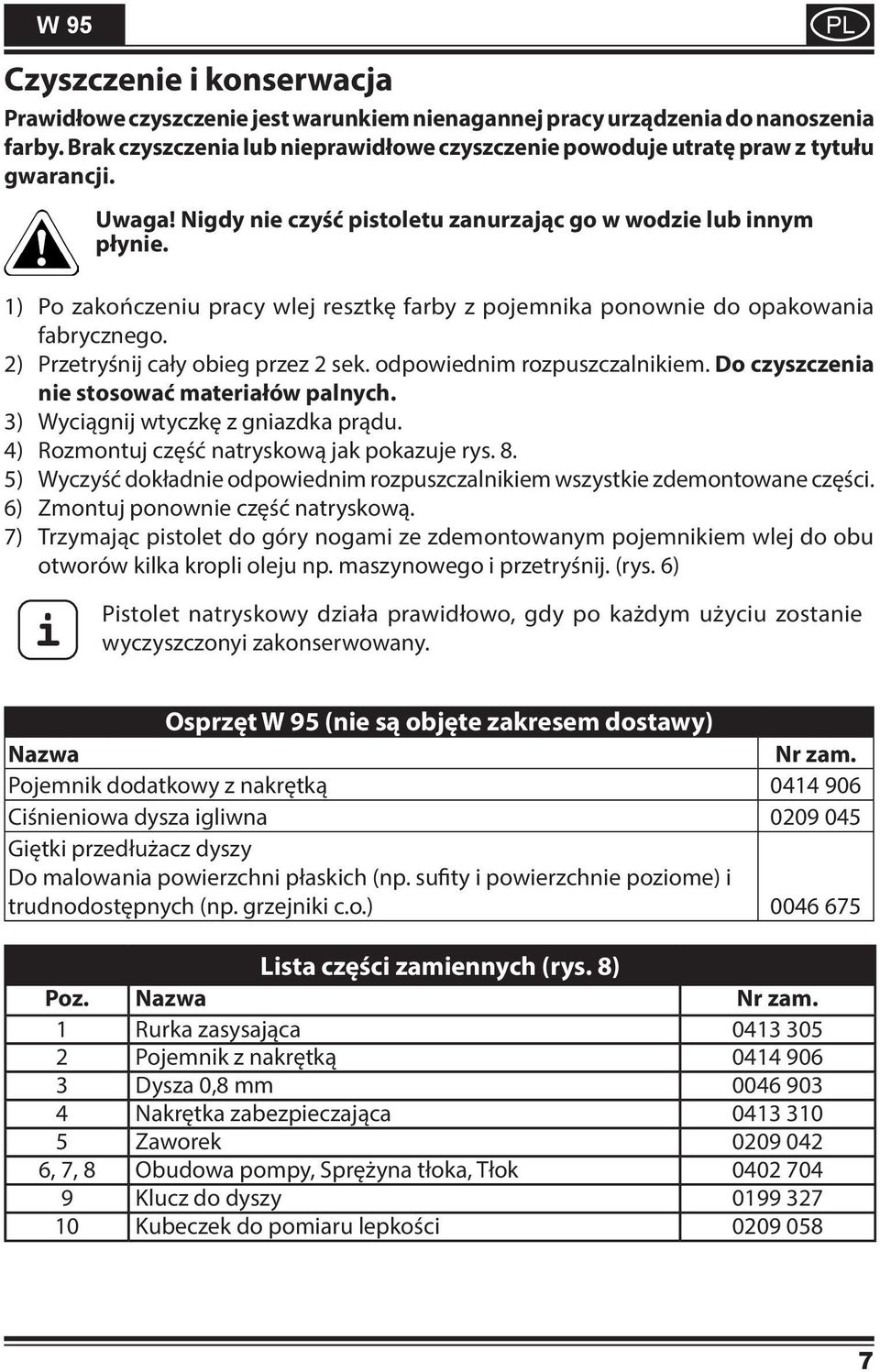 1) Po zakończeniu pracy wlej resztkę farby z pojemnika ponownie do opakowania fabrycznego. 2) Przetryśnij cały obieg przez 2 sek. odpowiednim rozpuszczalnikiem.