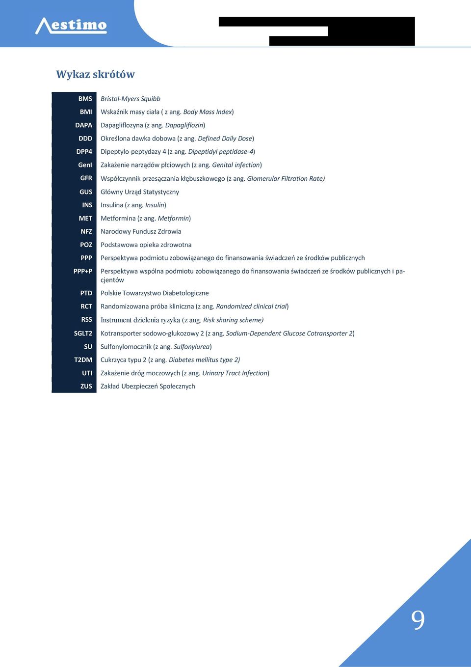 Genital infection) Współczynnik przesączania kłębuszkowego (z ang. Glomerular Filtration Rate) Główny Urząd Statystyczny Insulina (z ang. Insulin) Metformina (z ang.