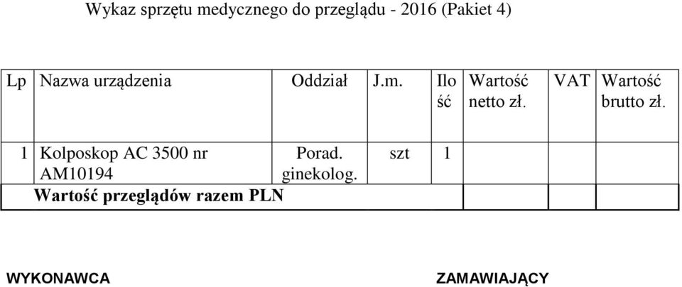 VAT Wartość brutto zł. 1 Kolposkop AC 3500 nr Porad.