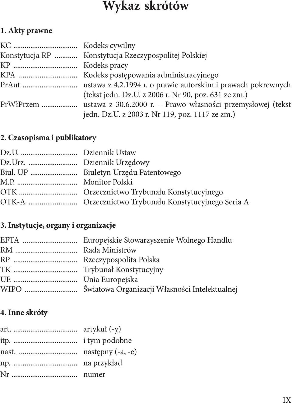 1117 ze zm.) 2. Czasopisma i publikatory Dz.U.... Dziennik Ustaw Dz.Urz.... Dziennik Urzędowy Biul. UP... Biuletyn Urzędu Patentowego M.P.... Monitor Polski OTK.