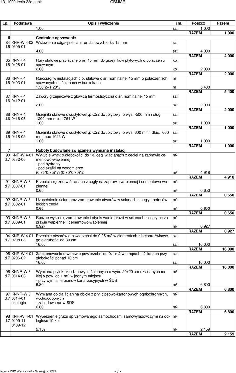 noinalnej 15 o połączeniach spawanych na ścianach w budynkach 1.50*2+1.20*2 5.400 RAZEM 5.400 Zawory grzejnikowe z głowicą teroststyczną o śr. noinalnej 15 2.00 2.000 88 KNNR 4 d.