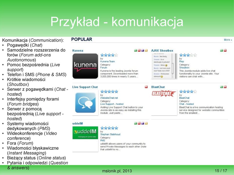 forami (Forum bridges) Serwer z pomocą bezpośrednią (Live support hosted) Systemy wiadomości dedykowanych (PMS) Wideokonferencje (Video