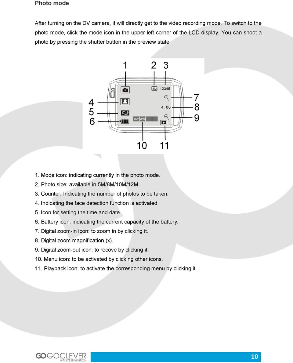 Counter: Indicating the number of photos to be taken. 4. Indicating the face detection function is activated. 5. Icon for setting the time and date. 6.