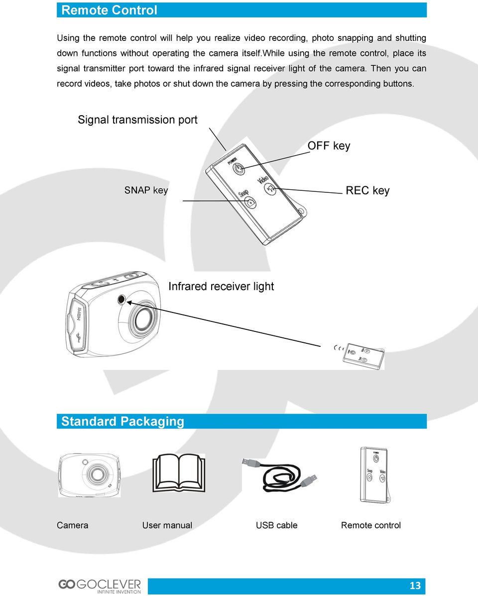 while using the remote control, place its signal transmitter port toward the infrared signal receiver light of the camera.