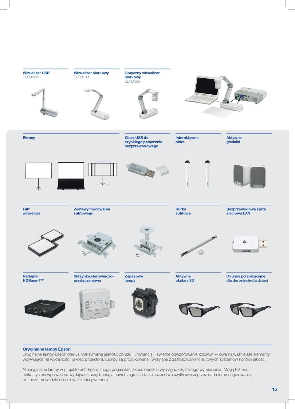 dorosłych/dla dzieci Oryginalne lampy Epson Oryginalne lampy Epson oferują maksymalną jasność obrazu (luminancję) i świetne odwzorowanie kolorów dwa najważniejsze elementy wpływające na wydajność i