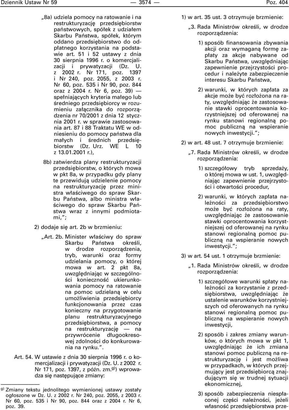 art. 51 i 52 ustawy z dnia 30 sierpnia 1996 r. o komercjalizacji i prywatyzacji (Dz. U. z 2002 r. Nr 171, poz. 1397 i Nr 240, poz. 2055, z 2003 r. Nr 60, poz. 535 i Nr 90, poz. 844 oraz z 2004 r.