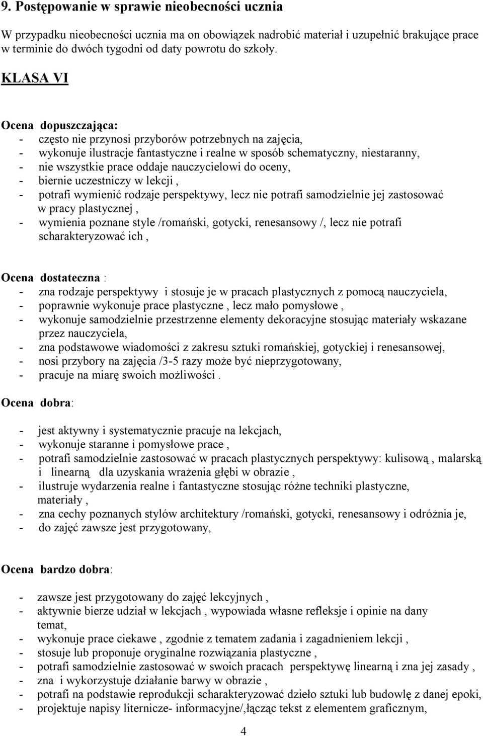 nauczycielowi do oceny, - biernie uczestniczy w lekcji, - potrafi wymienić rodzaje perspektywy, lecz nie potrafi samodzielnie jej zastosować w pracy plastycznej, - wymienia poznane style /romański,