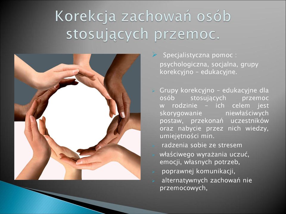 niewłaściwych postaw, przekonań uczestników oraz nabycie przez nich wiedzy, umiejętności min.