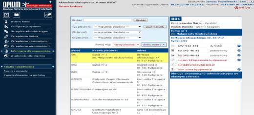 Zrealizowane funkcje systemu własna platforma informatyczna (programista z WE), rozbudowana baza teleadresowa placówek