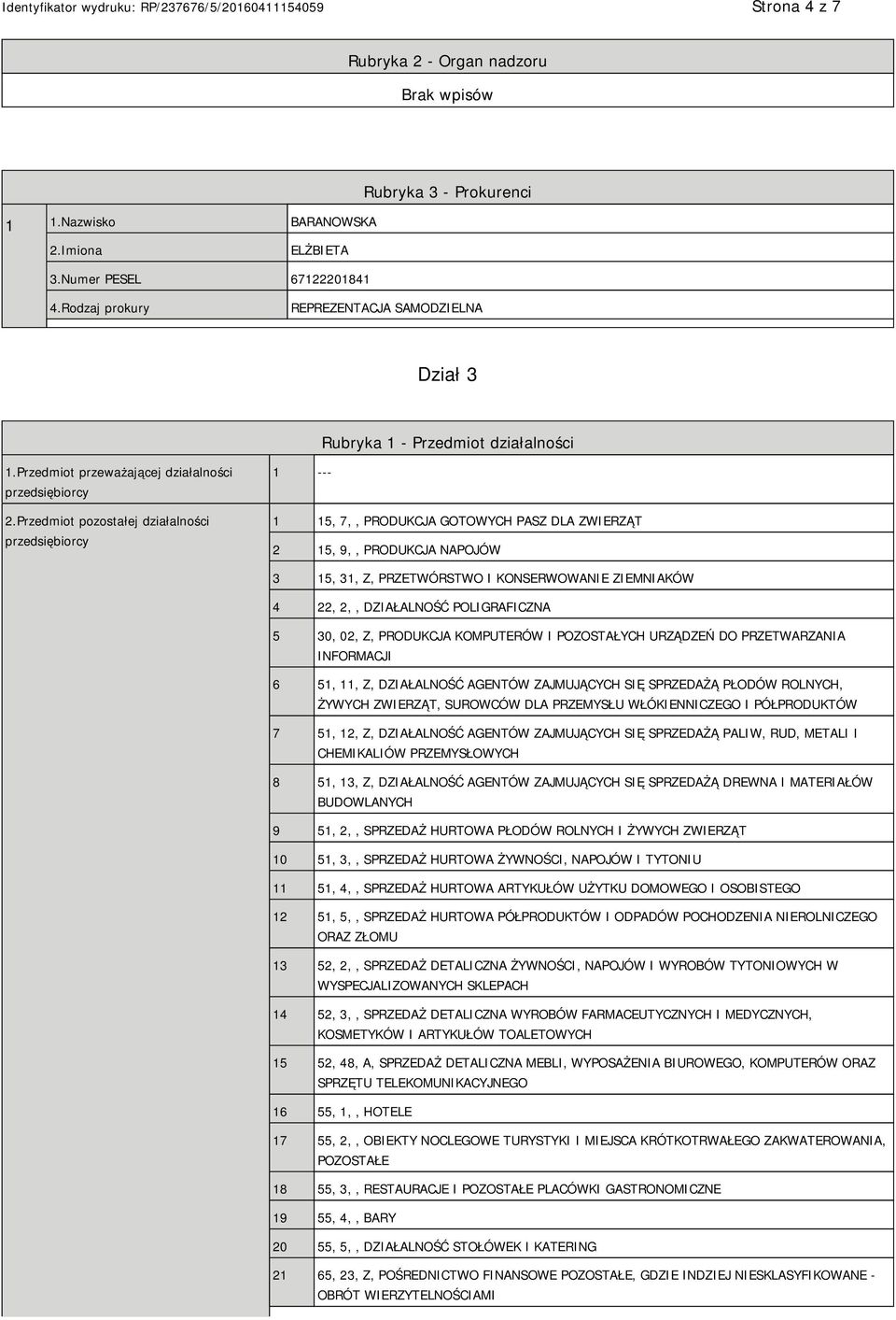 Przedmiot pozostałej działalności przedsiębiorcy 1 --- 1 15, 7,, PRODUKCJA GOTOWYCH PASZ DLA ZWIERZĄT 2 15, 9,, PRODUKCJA NAPOJÓW 3 15, 31, Z, PRZETWÓRSTWO I KONSERWOWA ZIEMNIAKÓW 4 22, 2,,