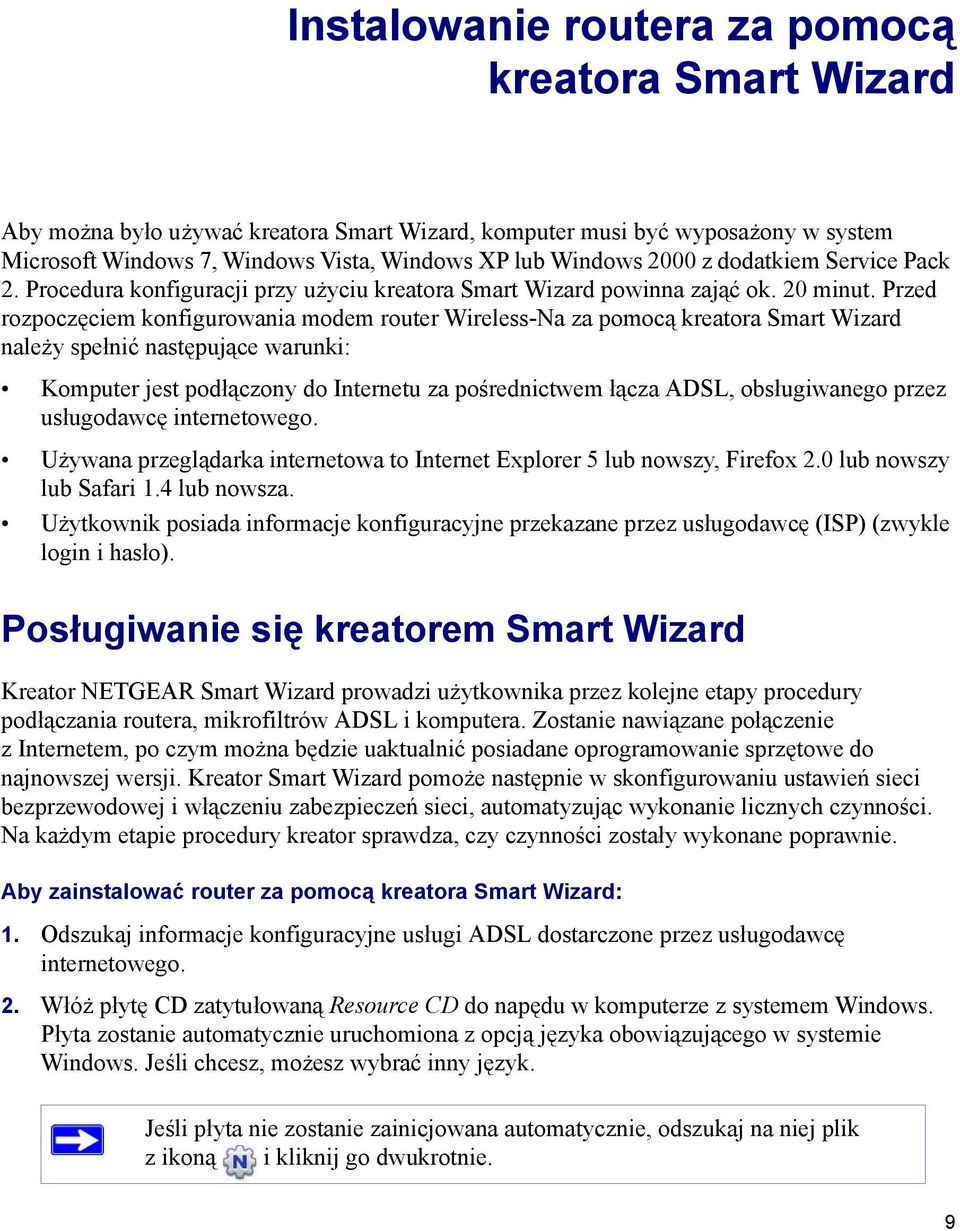 Przed rozpoczęciem konfigurowania modem router Wireless-Na za pomocą kreatora Smart Wizard należy spełnić następujące warunki: Komputer jest podłączony do Internetu za pośrednictwem łącza ADSL,