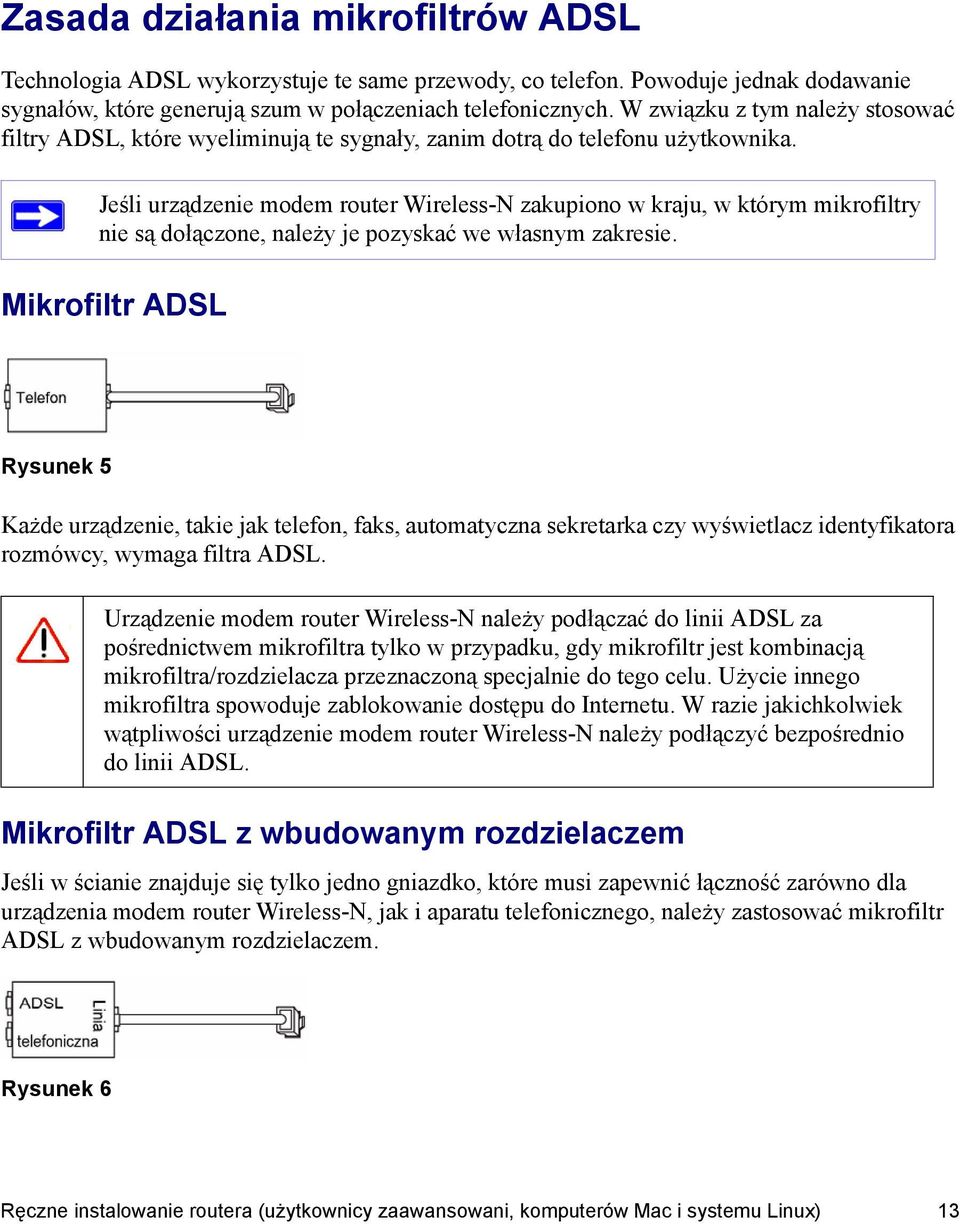 Jeśli urządzenie modem router Wireless-N zakupiono w kraju, w którym mikrofiltry nie są dołączone, należy je pozyskać we własnym zakresie.