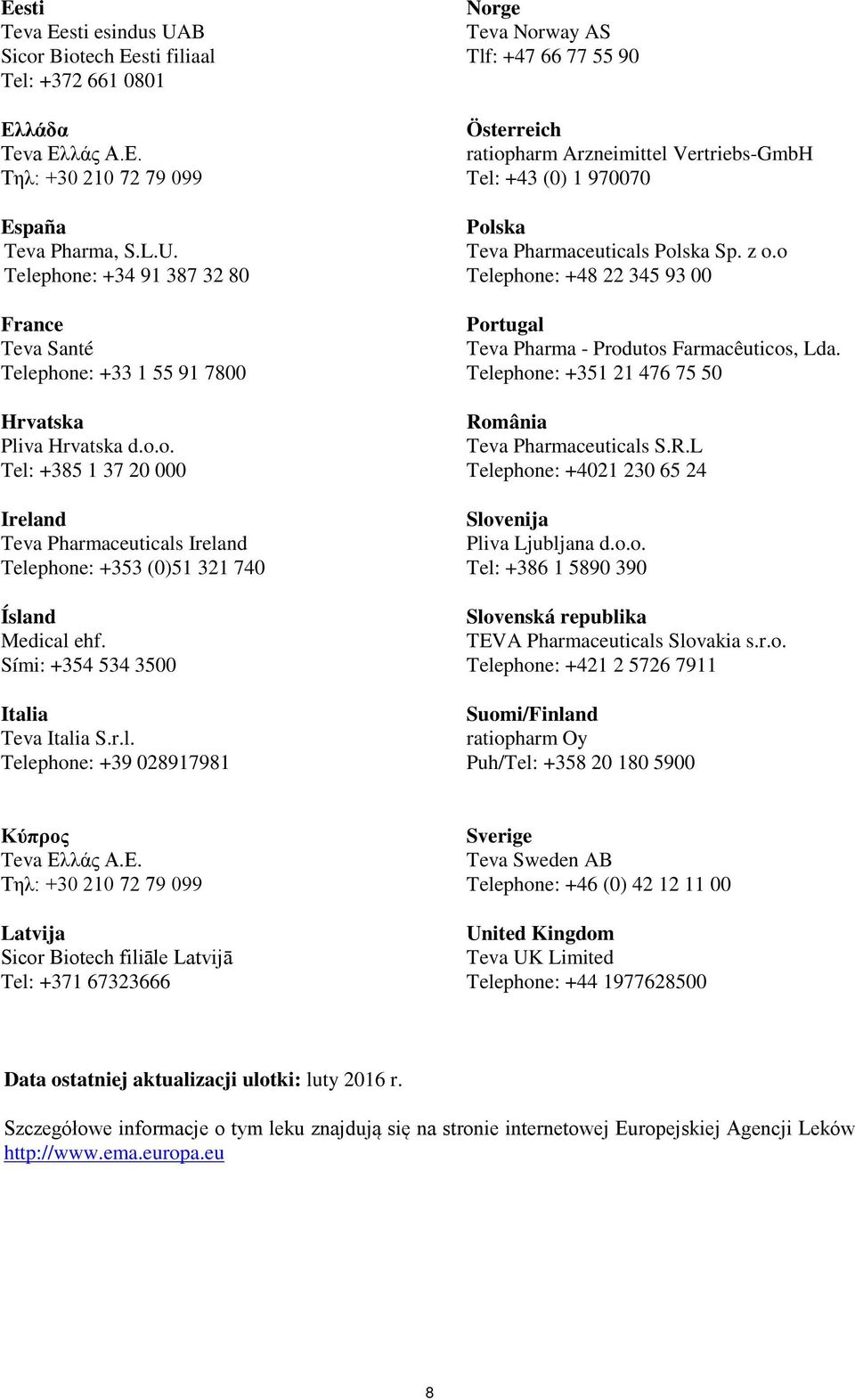 z o.o Telephone: +48 22 345 93 00 Portugal Teva Pharma - Produtos Farmacêuticos, Lda. Telephone: +351 21 476 75 50 România Teva Pharmaceuticals S.R.L Telephone: +4021 230 65 24 Slovenija Pliva Ljubljana d.