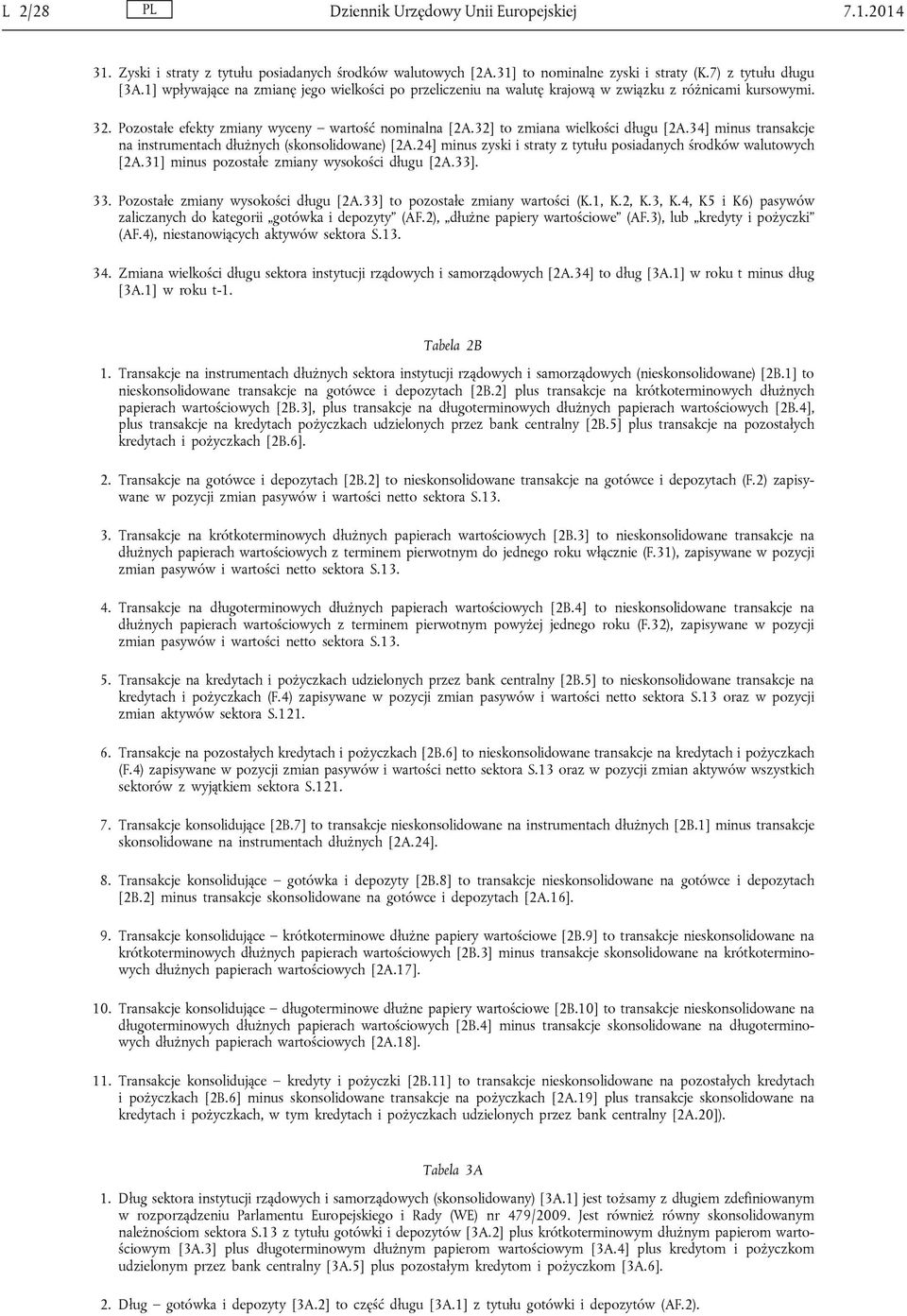 34] minus transakcje na instrumentach dłużnych (skonsolidowane) [2A.24] minus zyski i straty z tytułu posiadanych środków walutowych [2A.31] minus pozostałe zmiany wysokości długu [2A.33]. 33.