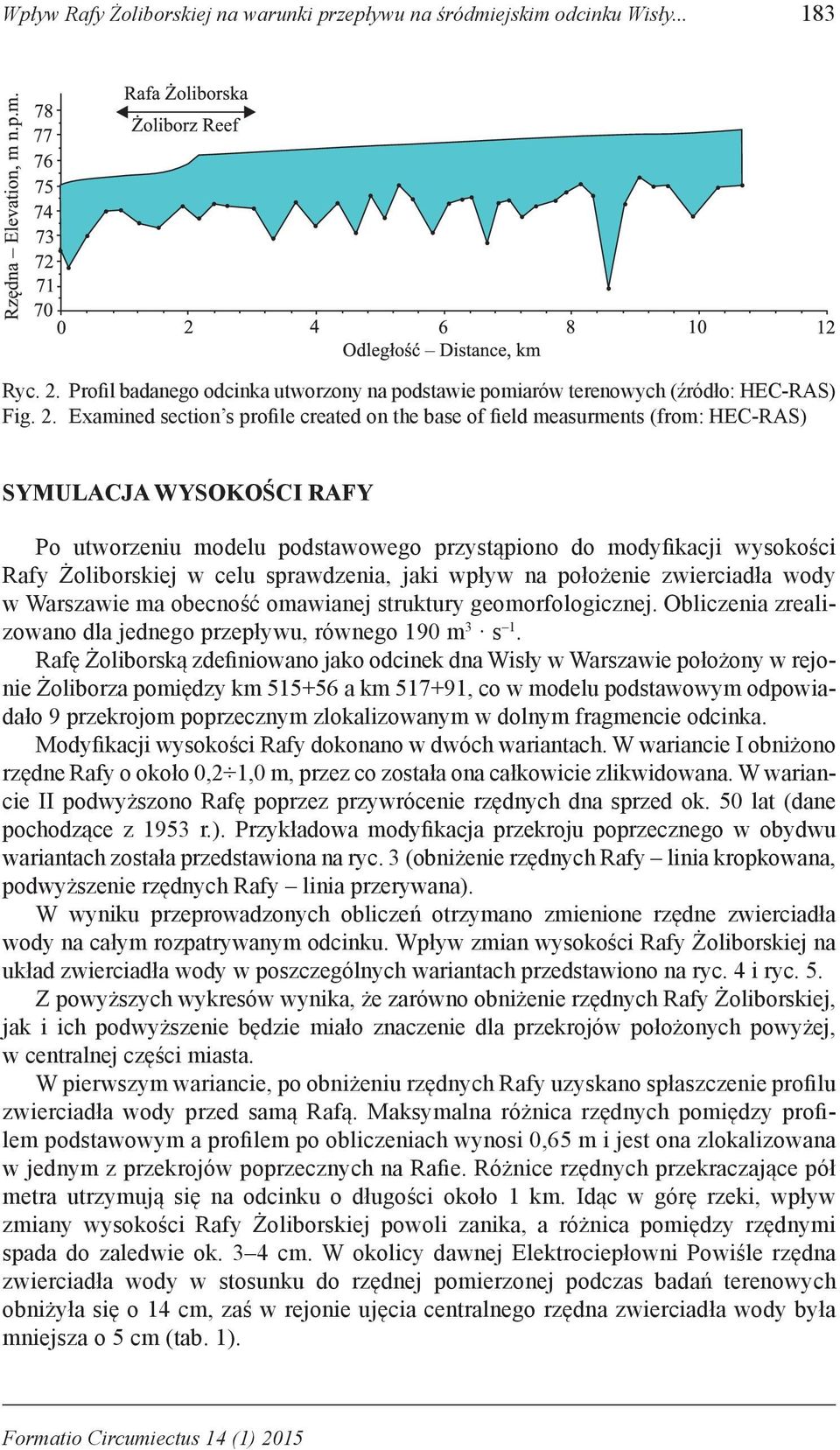 Examined section s profile created on the base of field measurments (from: HEC-RAS) SYMULACJA WYSOKOŚCI RAFY Po utworzeniu modelu podstawowego przystąpiono do modyfikacji wysokości Rafy Żoliborskiej