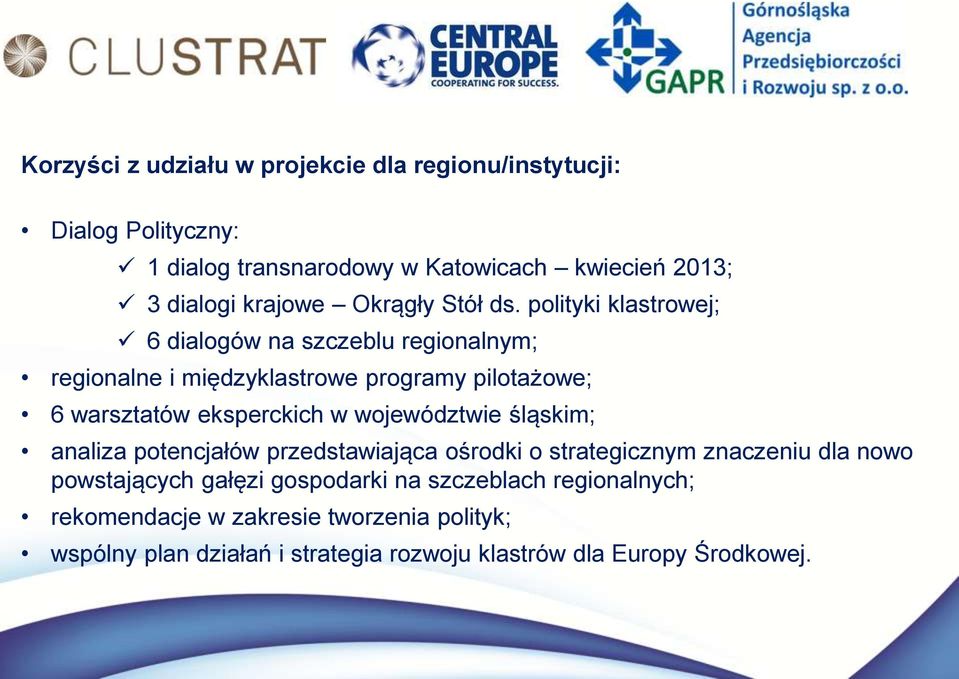 polityki klastrowej; 6 dialogów na szczeblu regionalnym; regionalne i międzyklastrowe programy pilotażowe; 6 warsztatów eksperckich w