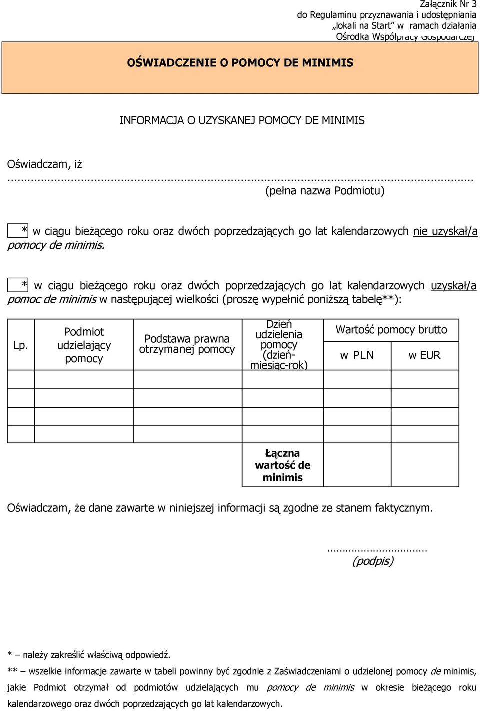 * w ciągu bieżącego roku oraz dwóch poprzedzających go lat kalendarzowych uzyskał/a pomoc de minimis w następującej wielkości (proszę wypełnić poniższą tabelę**): Lp.