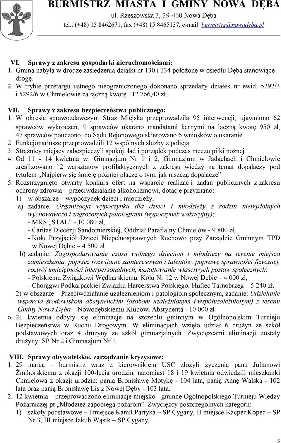 W okresie sprawozdawczym Straż Miejska przeprowadziła 95 interwencji, ujawniono 62 sprawców wykroczeń, 9 sprawców ukarano mandatami karnymi na łączną kwotę 950 zł, 47 sprawców pouczono, do Sądu