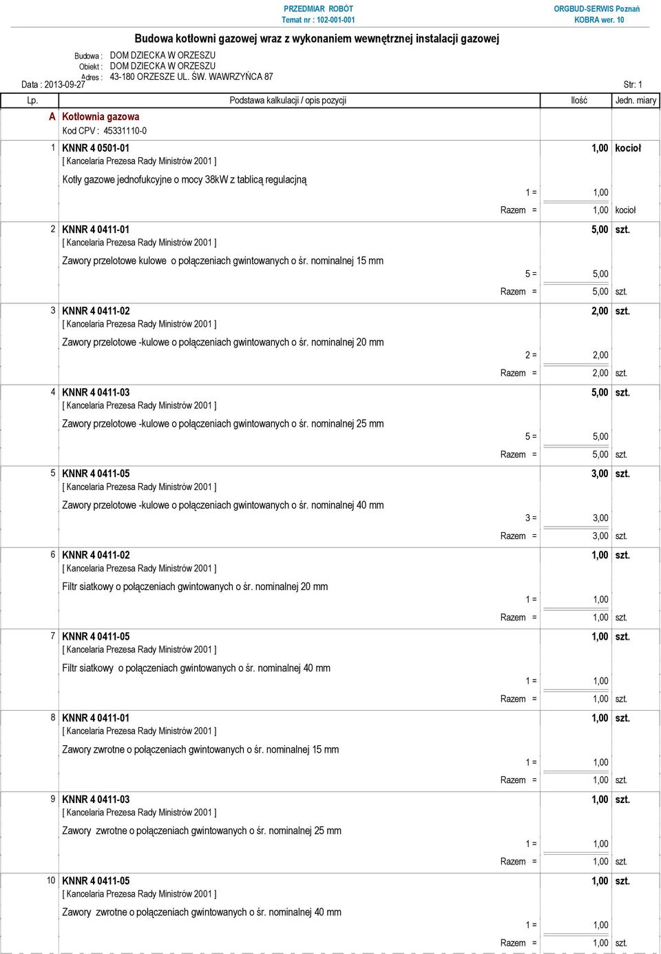 0411-01 5,00 szt. Zawory przelotowe kulowe o połączeniach gwintowanych o śr. nominalnej 15 mm 5 = 5,00 Razem = 5,00 szt. 3 KNNR 4 0411-02 2,00 szt.