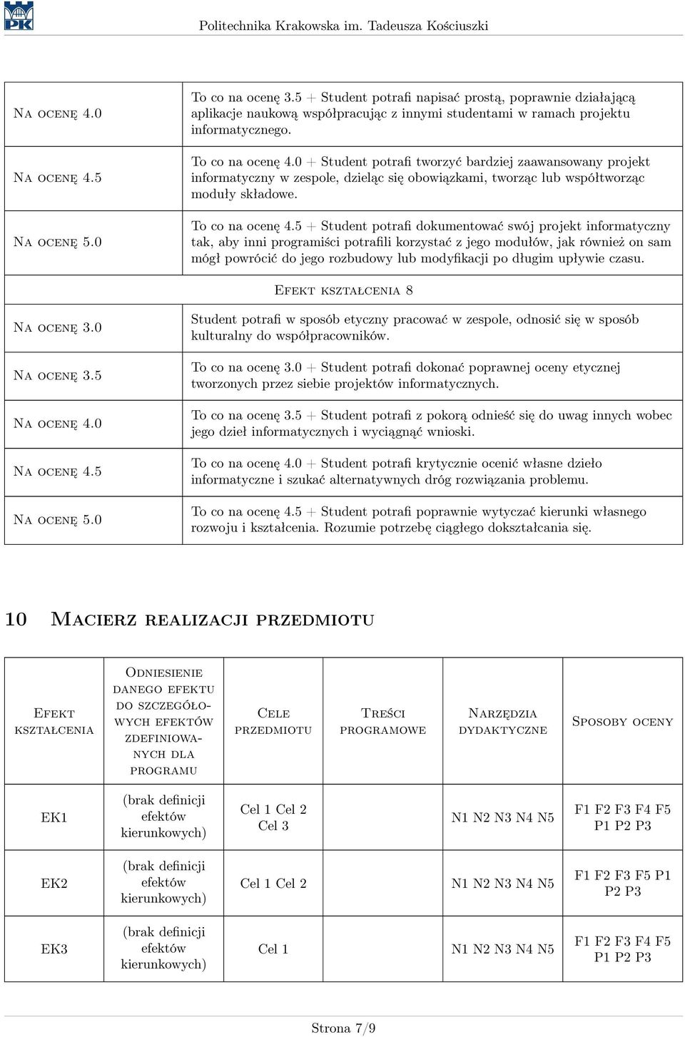 5 + Student potrafi dokumentować swój projekt informatyczny tak, aby inni programiści potrafili korzystać z jego modułów, jak również on sam mógł powrócić do jego rozbudowy lub modyfikacji po długim