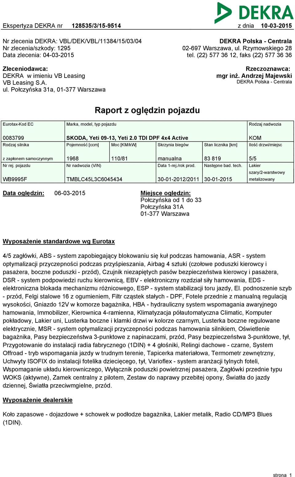 Andrzej Majewski DEKRA Polska - Centrala Raport z oględzin pojazdu Eurotax-Kod EC Marka, model, typ pojazdu Rodzaj nadwozia 0083799 SKODA, Yeti 09-3, Yeti 2.