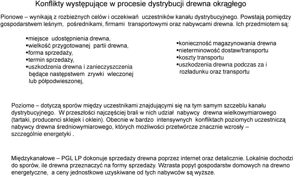 Ich przedmiotem są: miejsce udostępnienia drewna, wielkość przygotowanej partii drewna, forma sprzedaży, termin sprzedaży, uszkodzenia drewna i zanieczyszczenia będące następstwem zrywki wleczonej