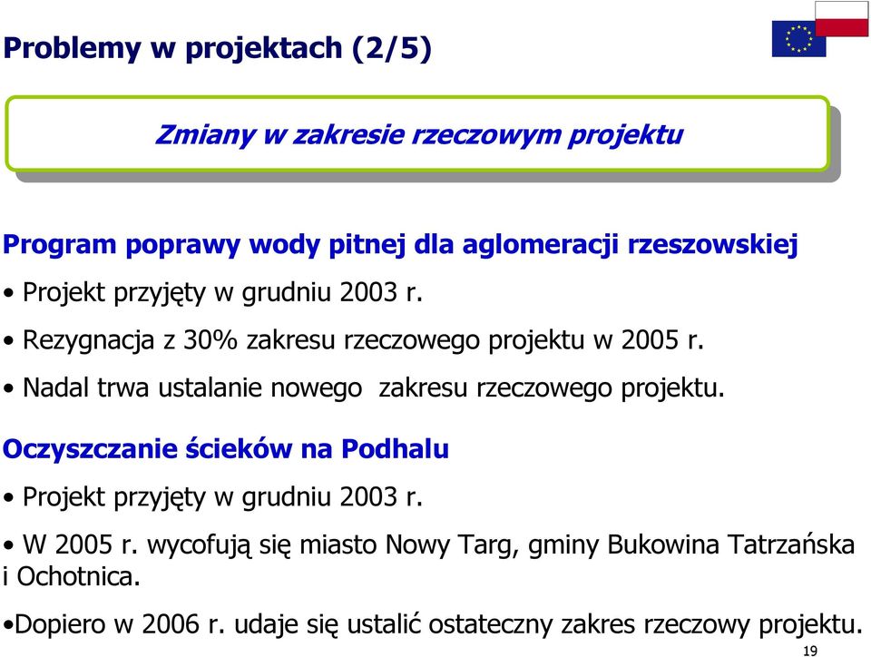 Nadal trwa ustalanie nowego zakresu rzeczowego projektu. Oczyszczanie ścieków na Podhalu Projekt przyjęty w grudniu 2003 r.