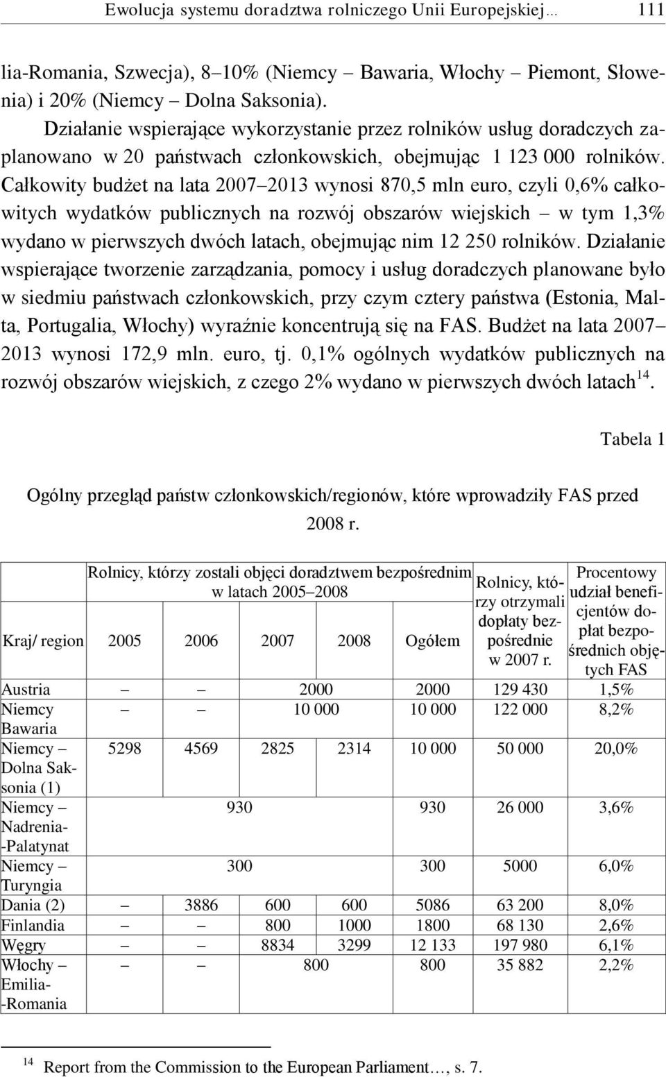 Całkowity budżet na lata 2007 2013 wynosi 870,5 mln euro, czyli 0,6% całkowitych wydatków publicznych na rozwój obszarów wiejskich w tym 1,3% wydano w pierwszych dwóch latach, obejmując nim 12 250