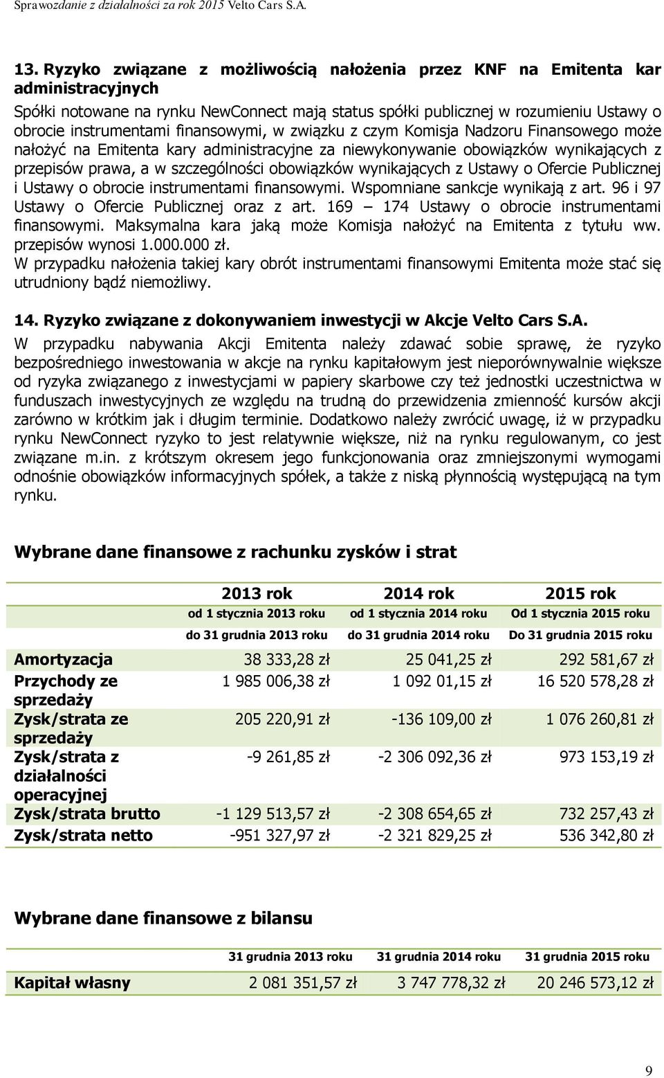 wynikających z Ustawy o Ofercie Publicznej i Ustawy o obrocie instrumentami finansowymi. Wspomniane sankcje wynikają z art. 96 i 97 Ustawy o Ofercie Publicznej oraz z art.