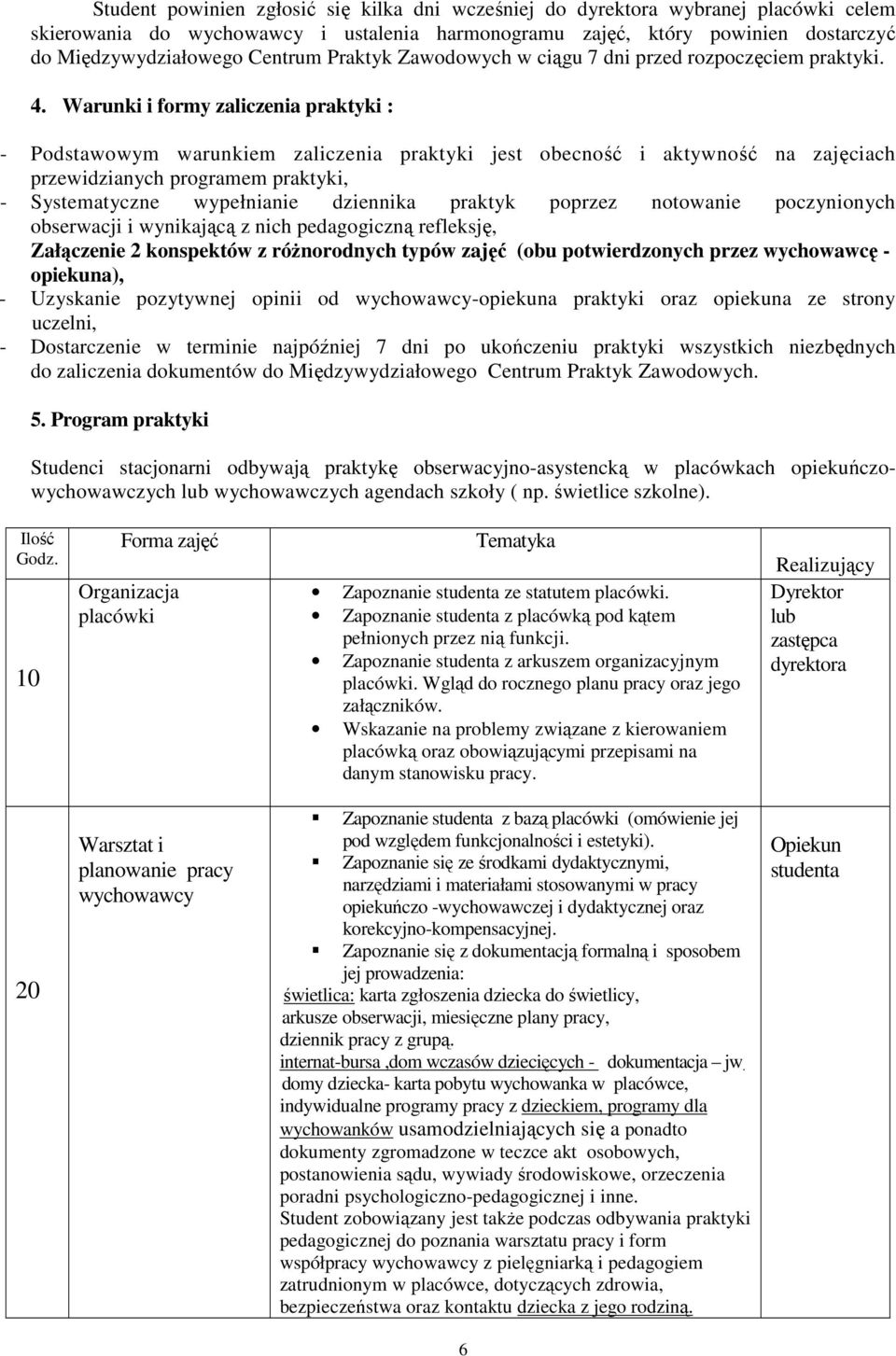 Warunki i formy zaliczenia praktyki : - Podstawowym warunkiem zaliczenia praktyki jest obecność i aktywność na zajęciach przewidzianych programem praktyki, - Systematyczne wypełnianie dziennika