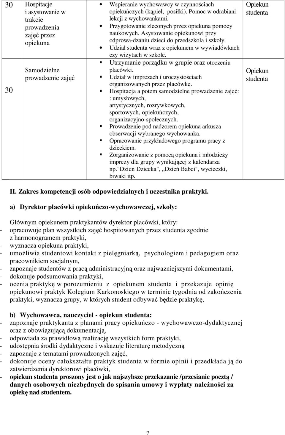 Udział studenta wraz z opiekunem w wywiadówkach czy wizytach w szkole. Utrzymanie porządku w grupie oraz otoczeniu placówki. Udział w imprezach i uroczystościach organizowanych przez placówkę.