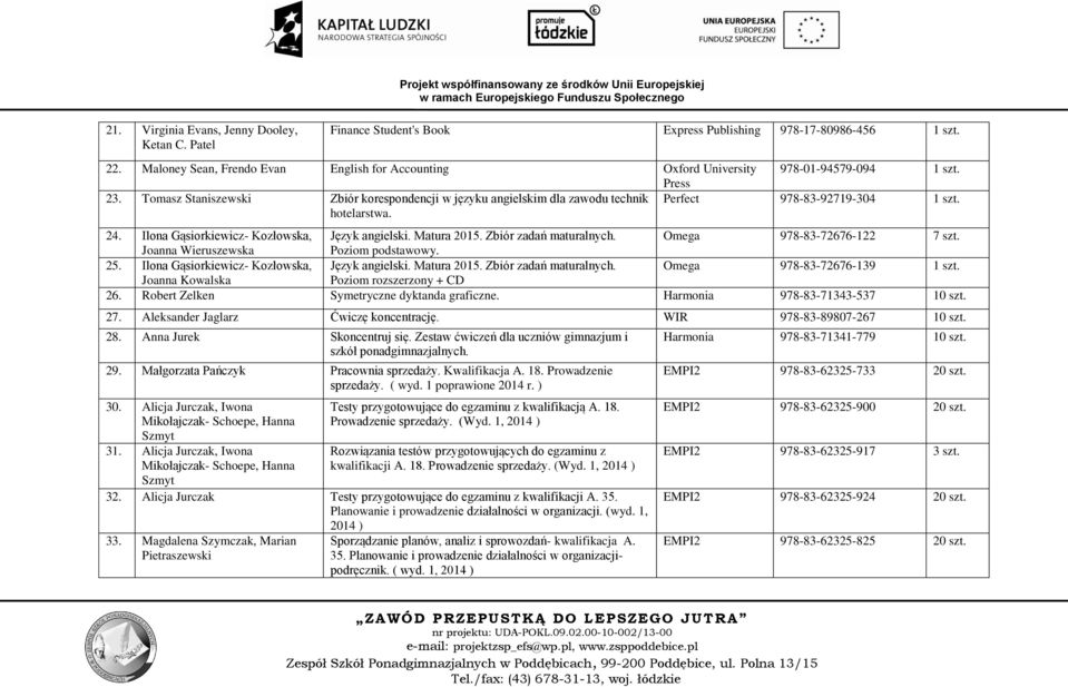 Perfect 978-83-92719-304 1 szt. 24. Ilona Gąsiorkiewicz- Kozłowska, Język angielski. Matura 2015. Zbiór zadań maturalnych. Omega 978-83-72676-122 7 szt. Joanna Wieruszewska Poziom podstawowy. 25.