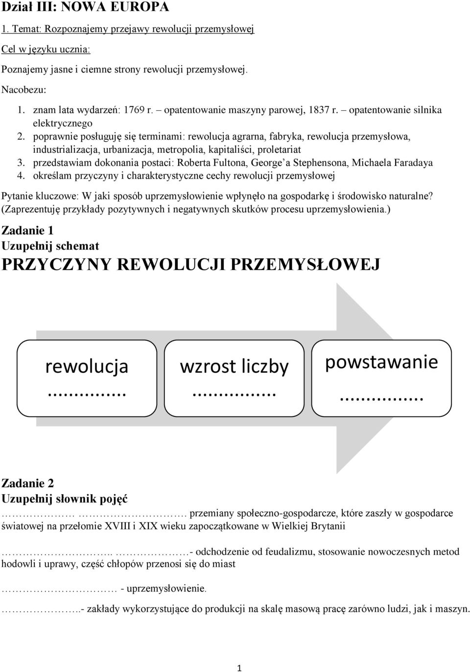 poprawnie posługuję się terminami: rewolucja agrarna, fabryka, rewolucja przemysłowa, industrializacja, urbanizacja, metropolia, kapitaliści, proletariat 3.