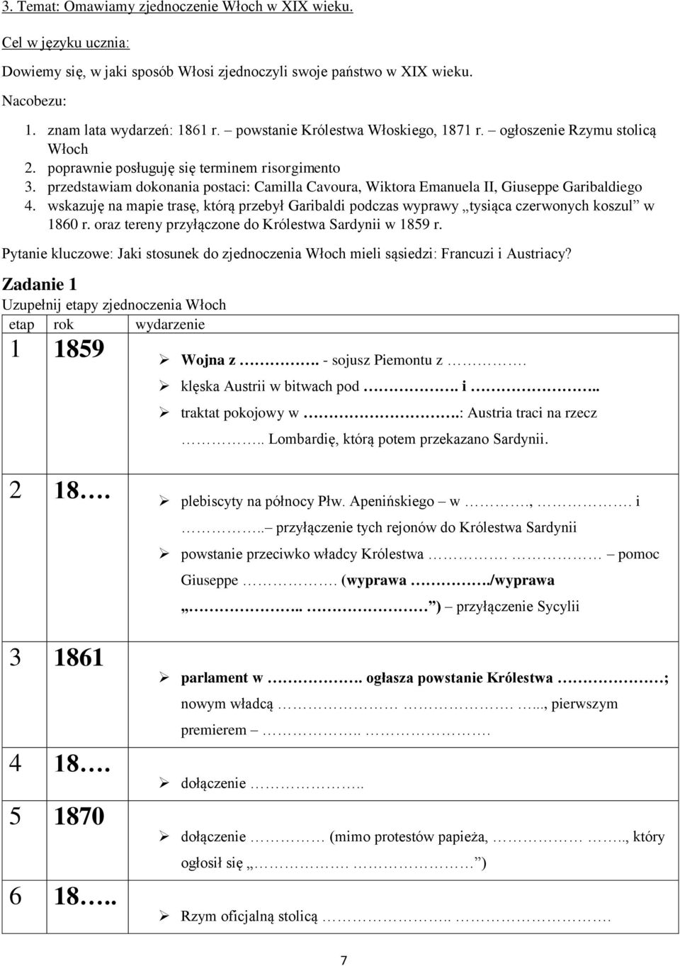 przedstawiam dokonania postaci: Camilla Cavoura, Wiktora Emanuela II, Giuseppe Garibaldiego 4. wskazuję na mapie trasę, którą przebył Garibaldi podczas wyprawy tysiąca czerwonych koszul w 1860 r.