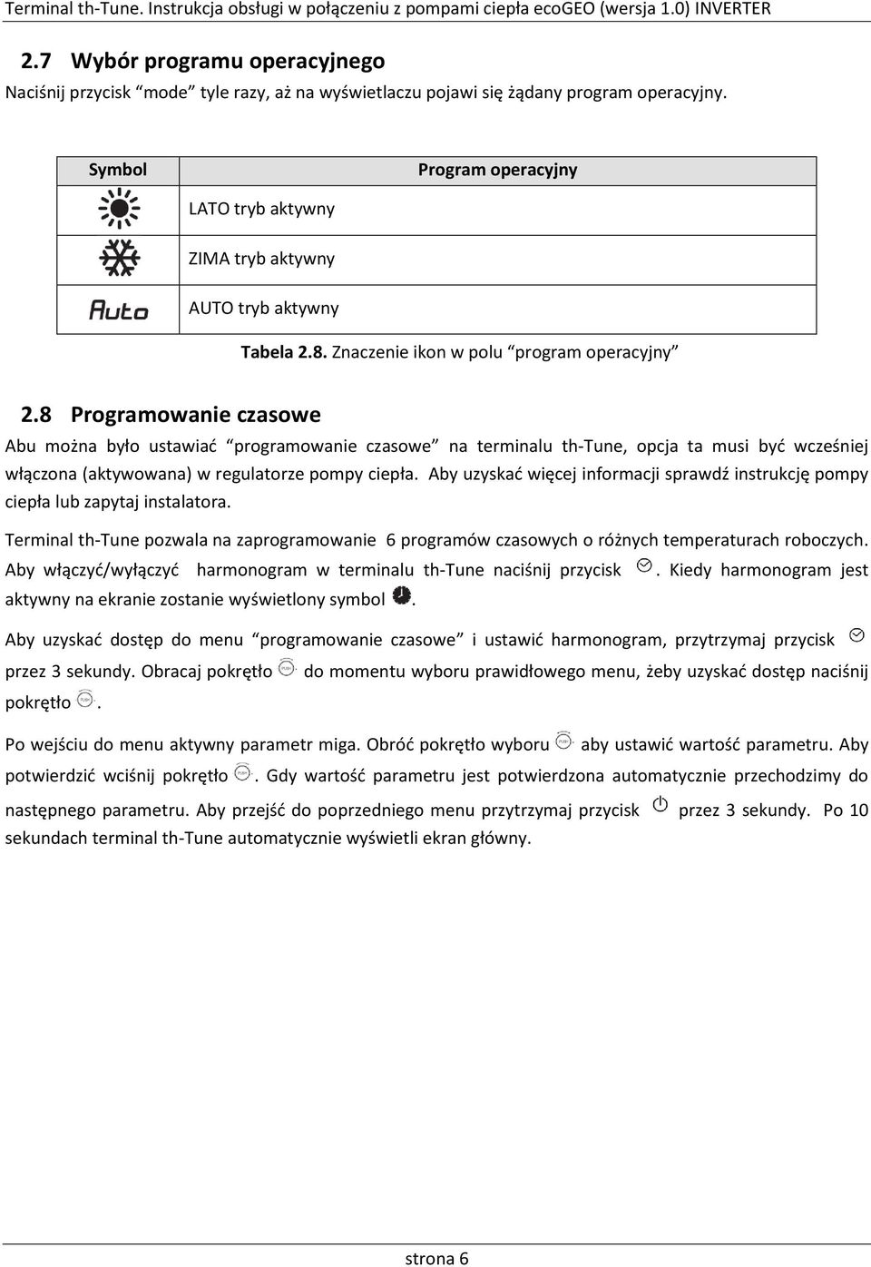 8 Programowanie czasowe Abu można było ustawiać programowanie czasowe na terminalu th-tune, opcja ta musi być wcześniej włączona (aktywowana) w regulatorze pompy ciepła.