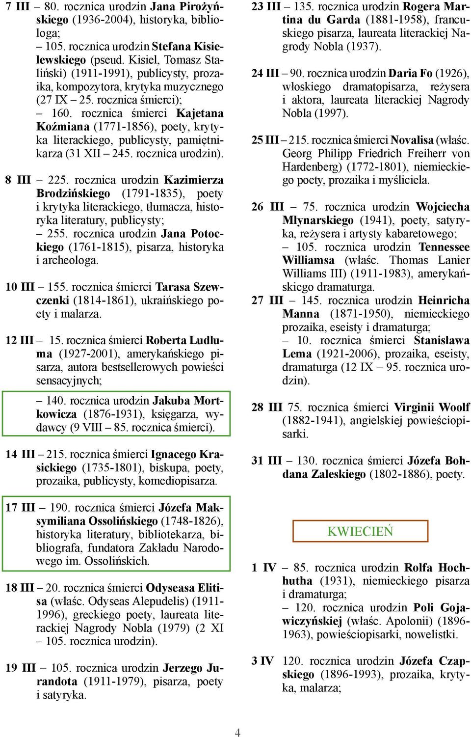 rocznica śmierci Kajetana Koźmiana (1771-1856), poety, krytyka literackiego, publicysty, pamiętnikarza (31 XII 245. rocznica urodzin). 8 III 225.