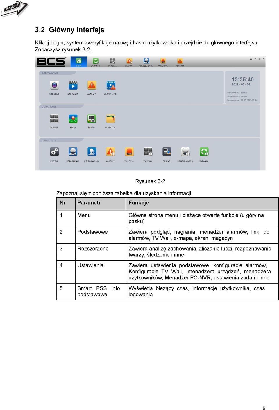 Nr Parametr Funkcje 1 Menu Główna strona menu i bieżące otwarte funkcje (u góry na pasku) 2 Podstawowe Zawiera podgląd, nagrania, menadżer alarmów, linki do alarmów, TV Wall, e-mapa, ekran,