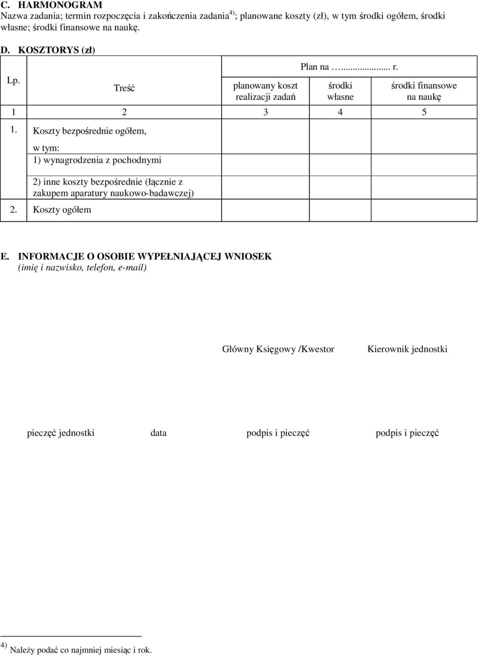 Koszty bezporednie ogółem, w tym: 1) wynagrodzenia z pochodnymi 2) inne koszty bezporednie (łcznie z zakupem aparatury naukowo-badawczej) 2. Koszty ogółem E.