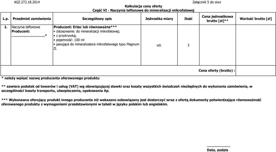 przykrywką; pojemność: 100 ml pasujące do mineralizatora mikrofalowego typu Magnum II. szt.